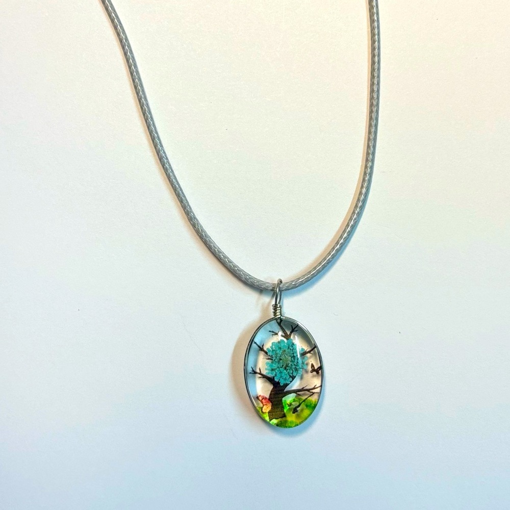 Handmade Lace Dried Flowers Oval Pendant Necklace #6